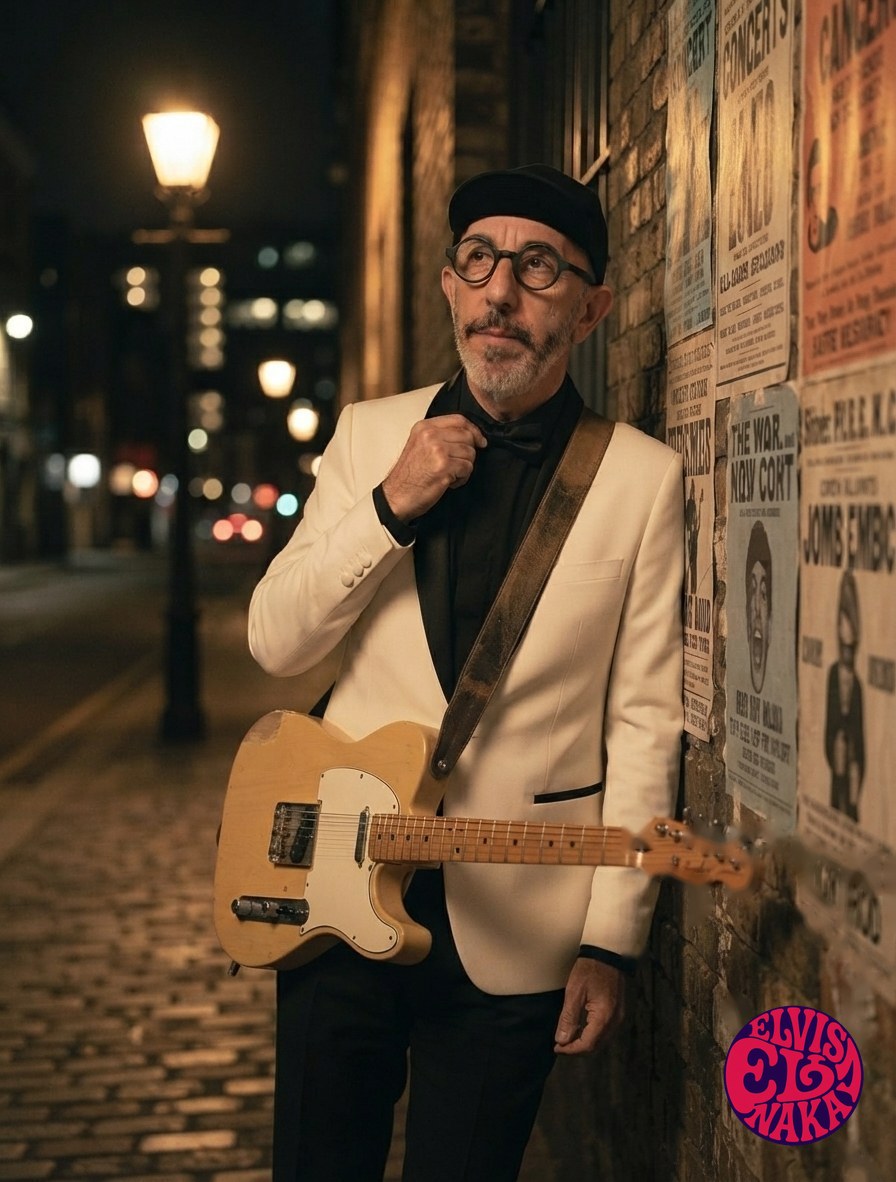 Elvis Naka en una calle nocturna junto a los carteles de conciertos