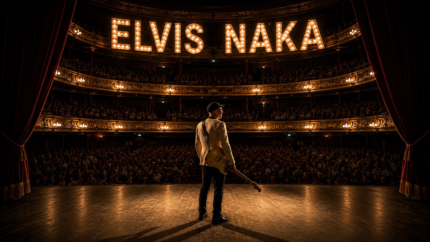 Elvis Naka de espaldas sobre el escenario, ante el teatro lleno y la marquesina encendida